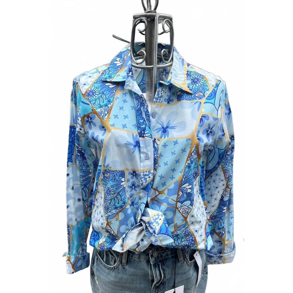 NEW MAUDE VIVANTE women's jezebel button down shirt in blue tiles print